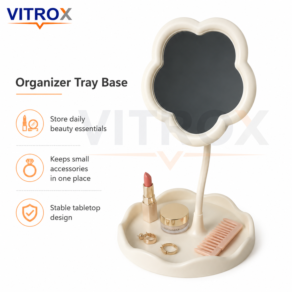 Flower-Shaped Adjustable Tabletop Makeup Mirror with Organizer Tray – Cream
