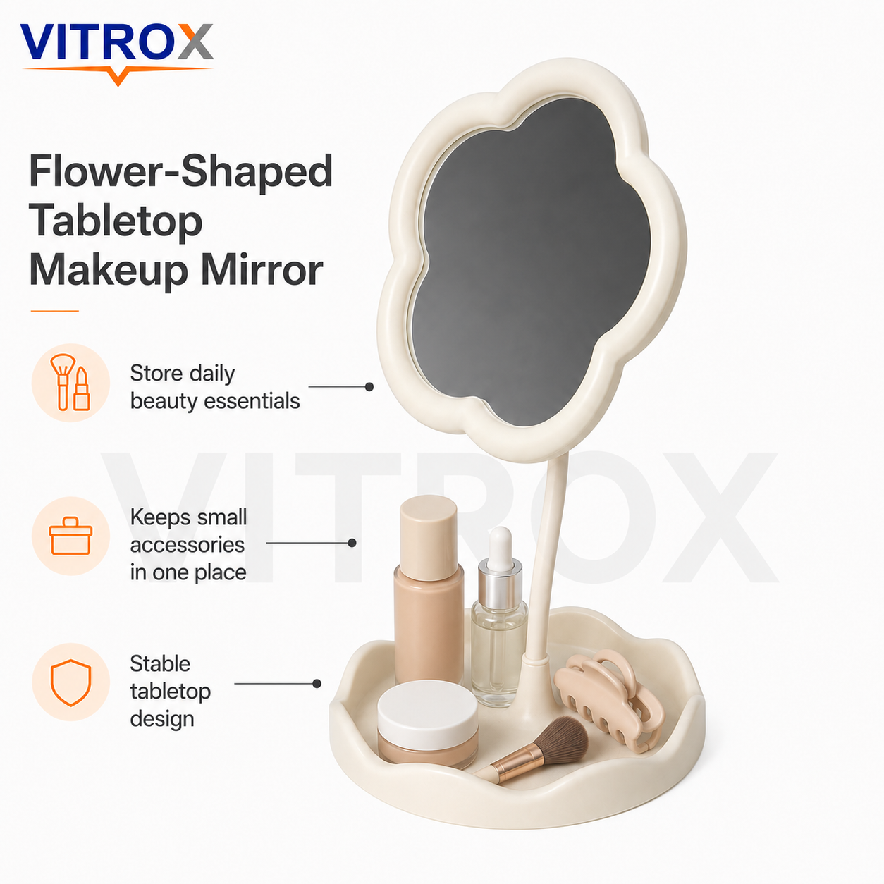 Flower-Shaped Adjustable Tabletop Makeup Mirror with Organizer Tray – Cream