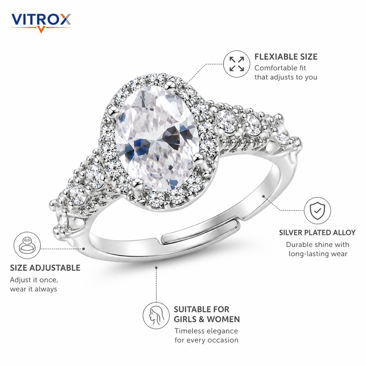 Vitrox Oval Stone Adjustable Ring for Girls & Women – Silver-Plated Alloy, Flexible Size
