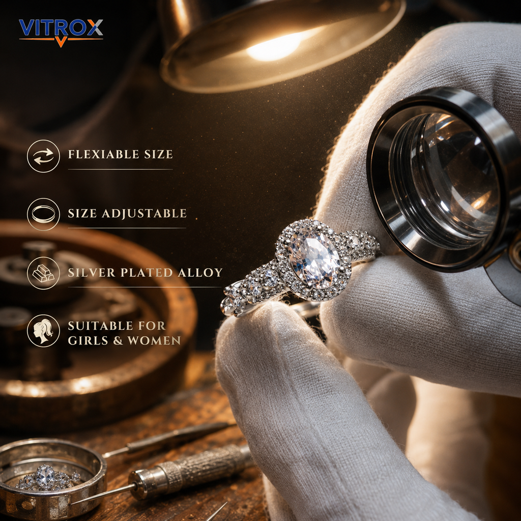 Vitrox Oval Stone Adjustable Ring for Girls & Women – Silver-Plated Alloy, Flexible Size
