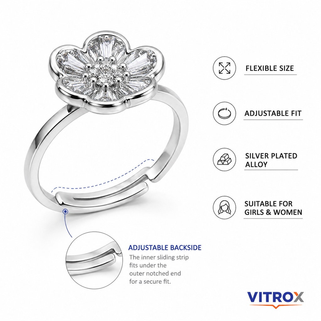 Vitrox Silver-Plated Alloy Adjustable Ring for Girls & Women – Flexible Size