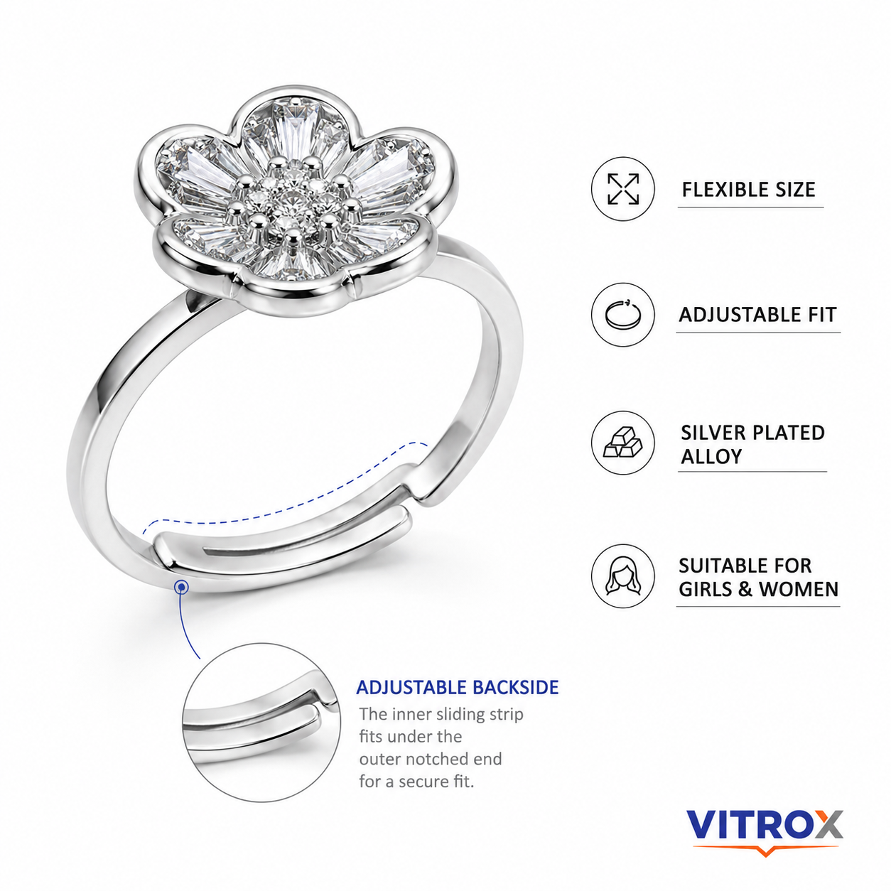 Vitrox Silver-Plated Alloy Adjustable Ring for Girls & Women – Flexible Size