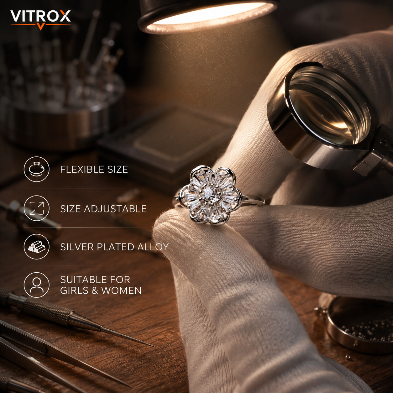 Vitrox Silver-Plated Alloy Adjustable Ring for Girls & Women – Flexible Size