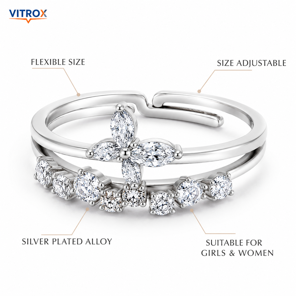 Vitrox Oval Stone Adjustable Ring for Girls & Women – Silver-Plated Alloy, Flexible Size