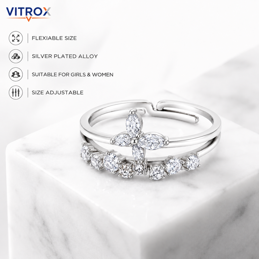 Vitrox Oval Stone Adjustable Ring for Girls & Women – Silver-Plated Alloy, Flexible Size