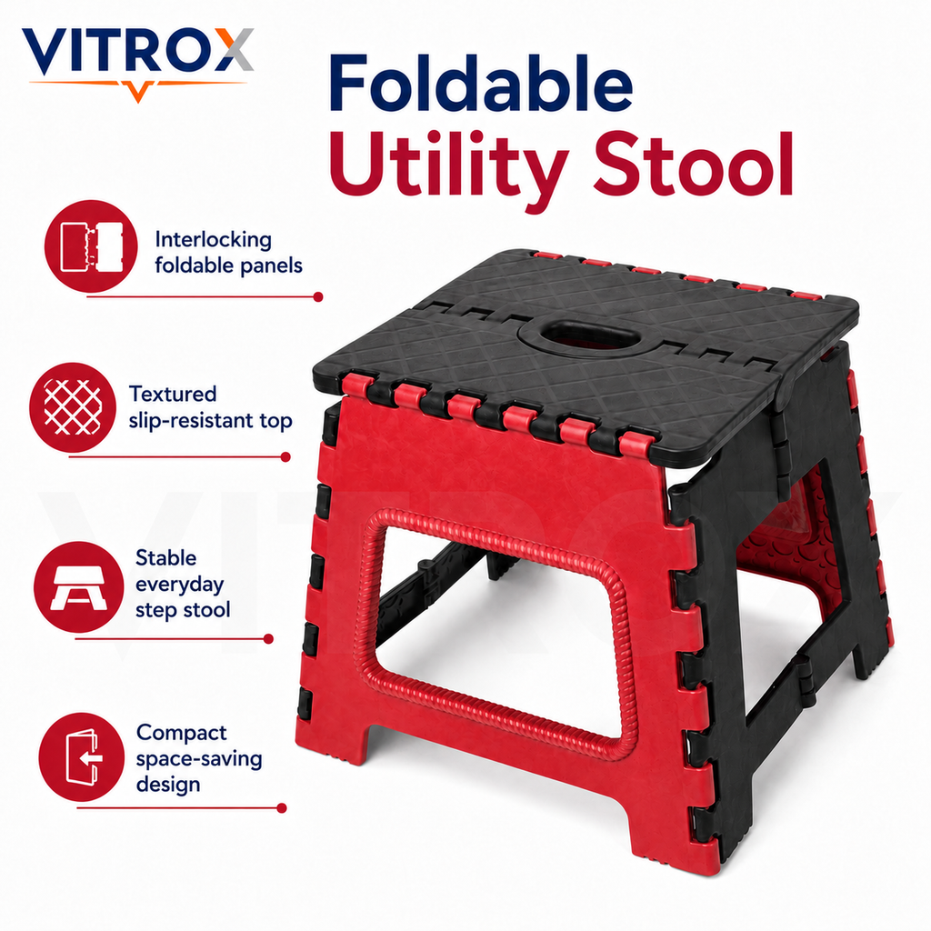 Foldable Utility Step Stool with Carry Handle – Red &amp; Black