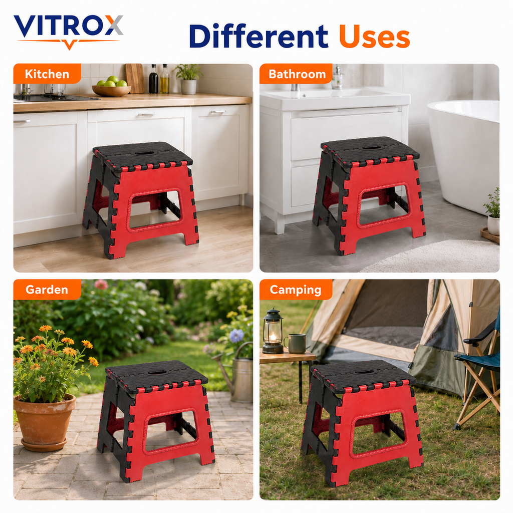 Foldable Utility Step Stool with Carry Handle – Red &amp; Black