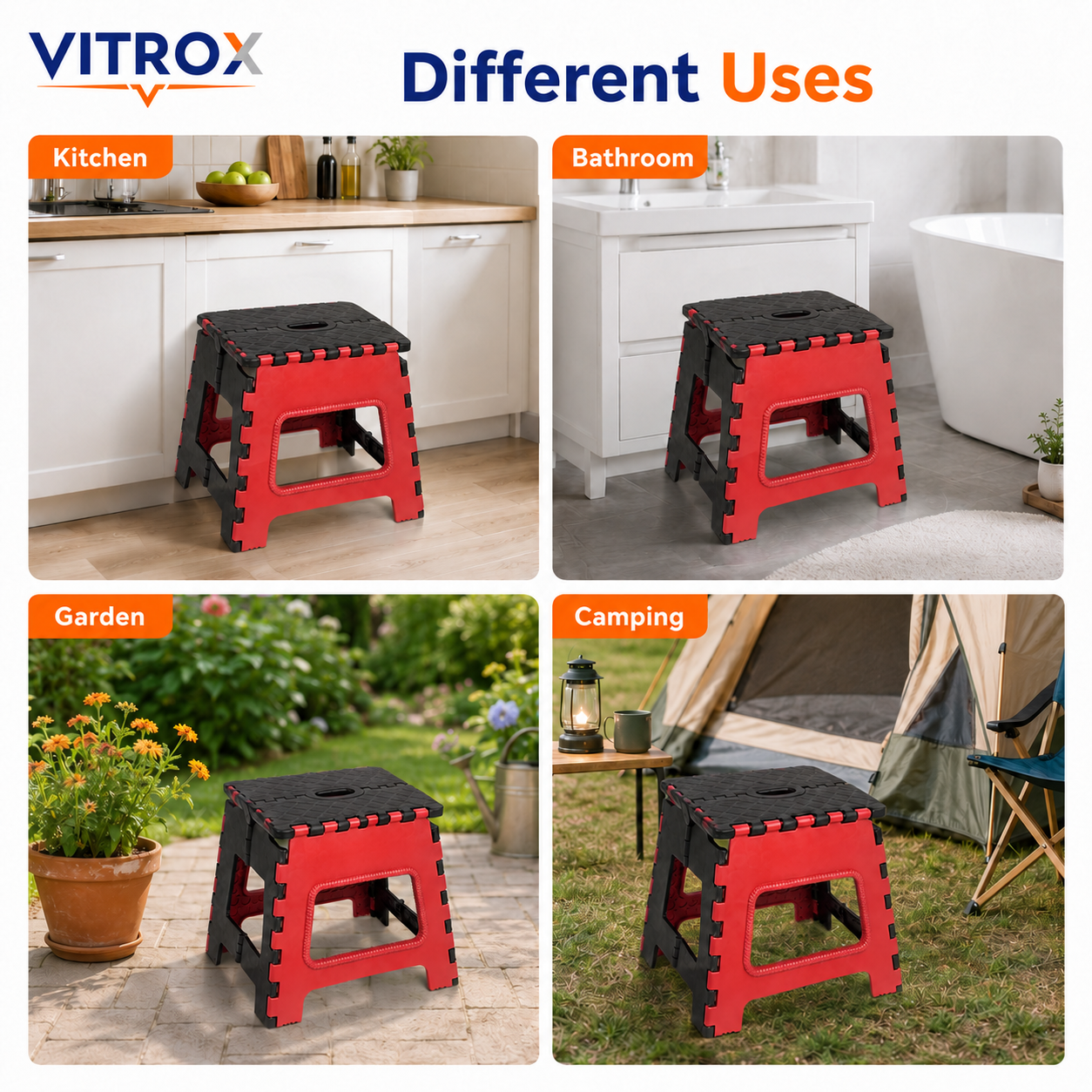 Foldable Utility Step Stool with Carry Handle – Red &amp; Black