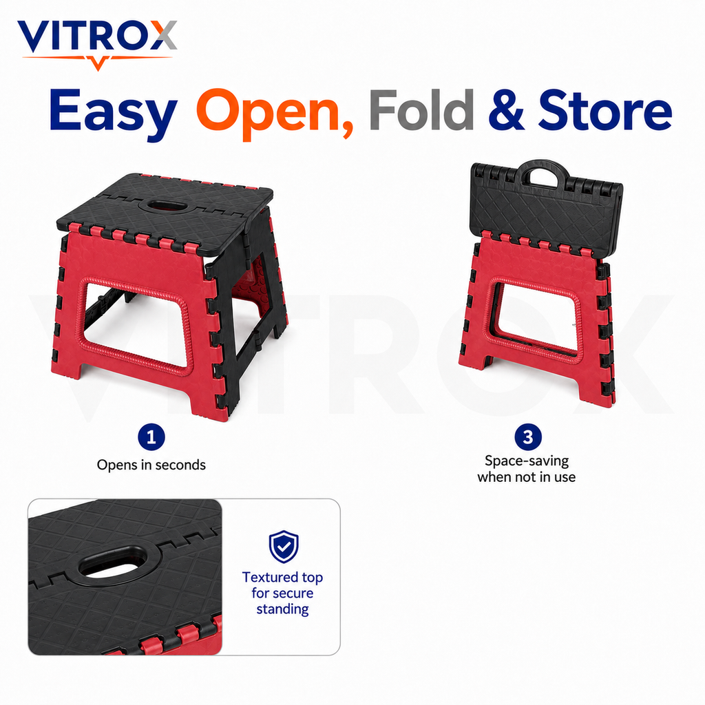 Foldable Utility Step Stool with Carry Handle – Red &amp; Black
