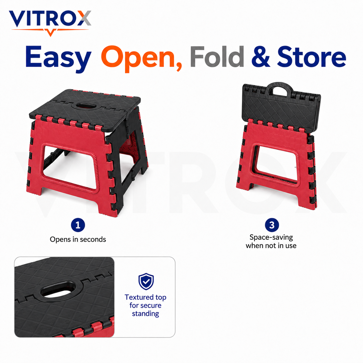 Foldable Utility Step Stool with Carry Handle – Red &amp; Black