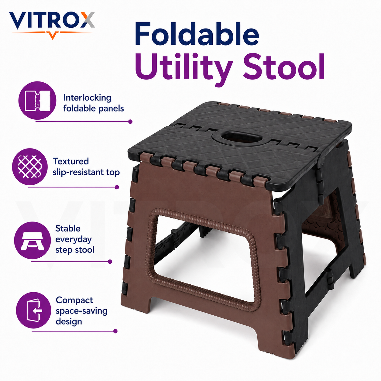 Foldable Utility Step Stool with Carry Handle – Brown &amp; Black