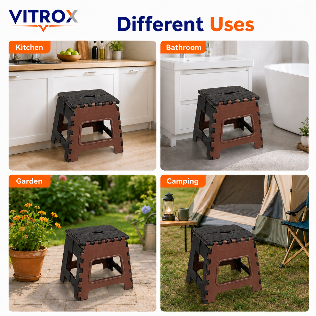 Foldable Utility Step Stool with Carry Handle – Brown &amp; Black