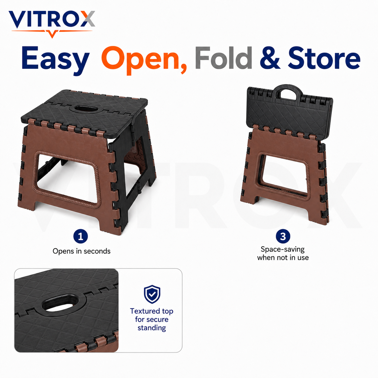 Foldable Utility Step Stool with Carry Handle – Brown &amp; Black