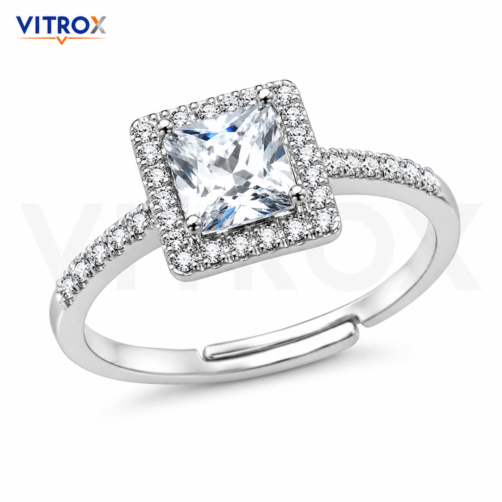 Silver-Tone Square Stone Adjustable Ring for Girls & Women