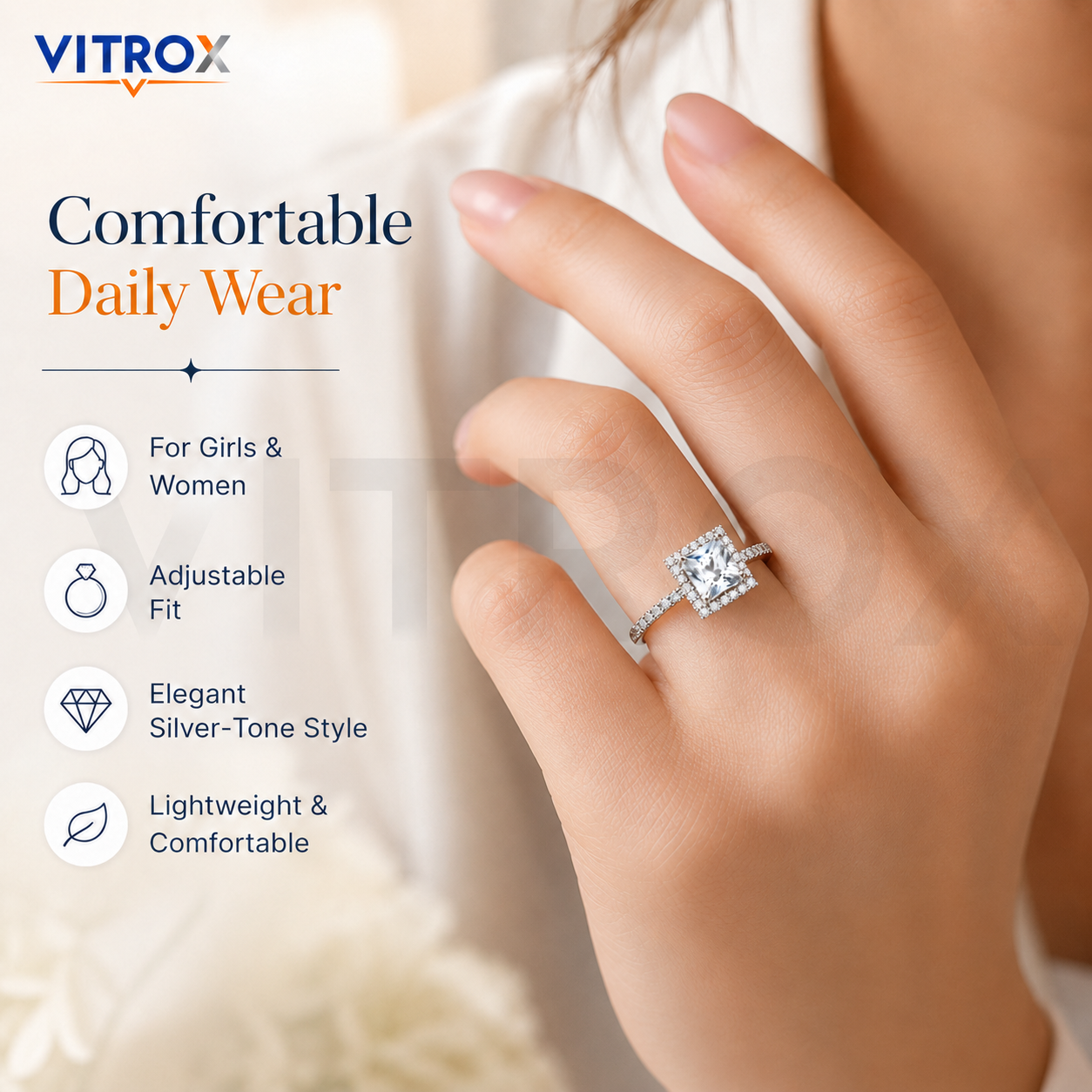 Silver-Tone Square Stone Adjustable Ring for Girls & Women