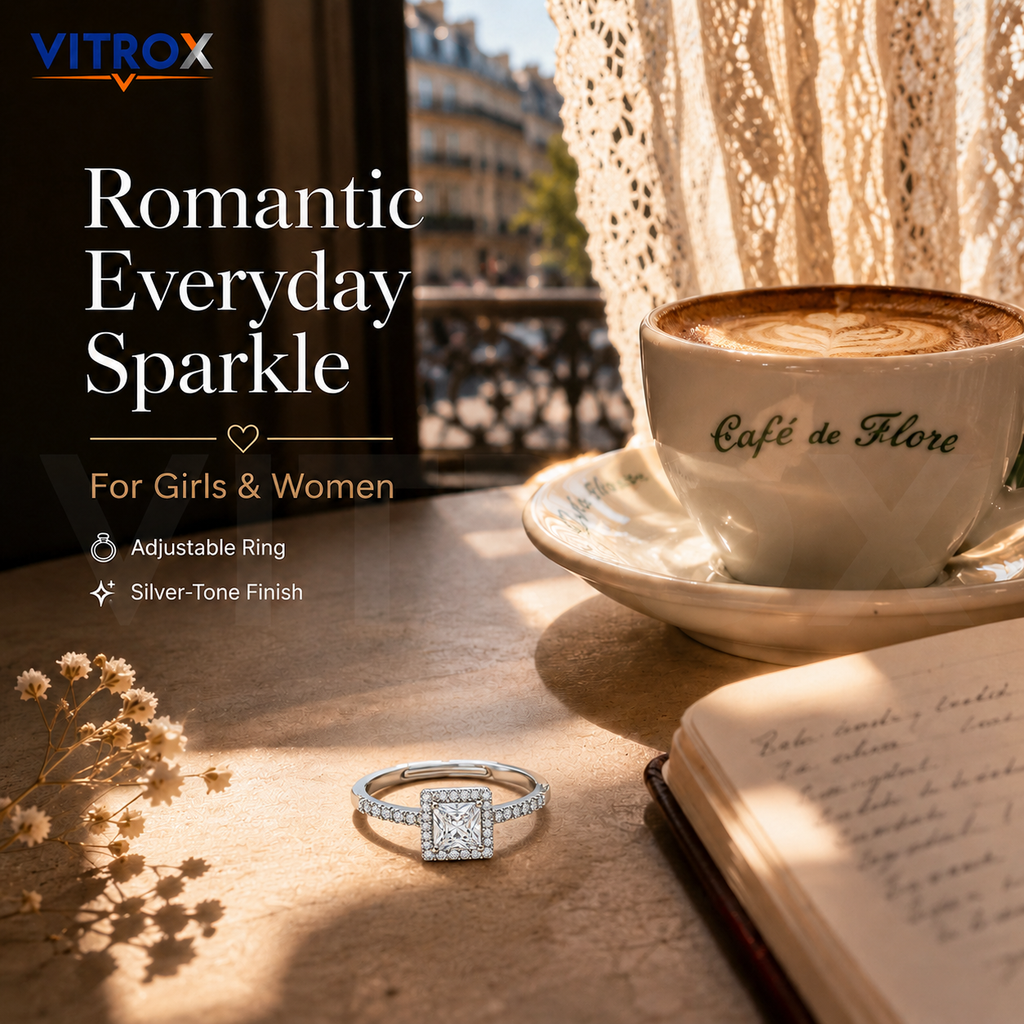 Silver-Tone Square Stone Adjustable Ring for Girls & Women