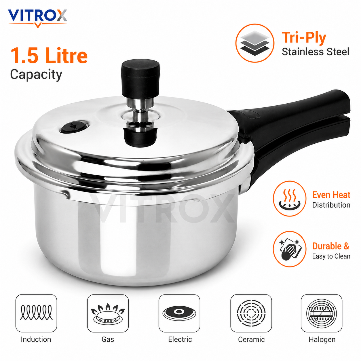 1.5 Litre Tri-Ply Stainless Steel Pressure Cooker with Induction Base