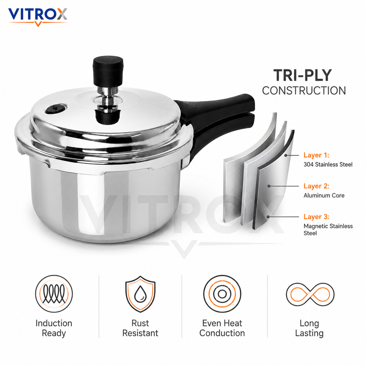 1.5 Litre Tri-Ply Stainless Steel Pressure Cooker with Induction Base