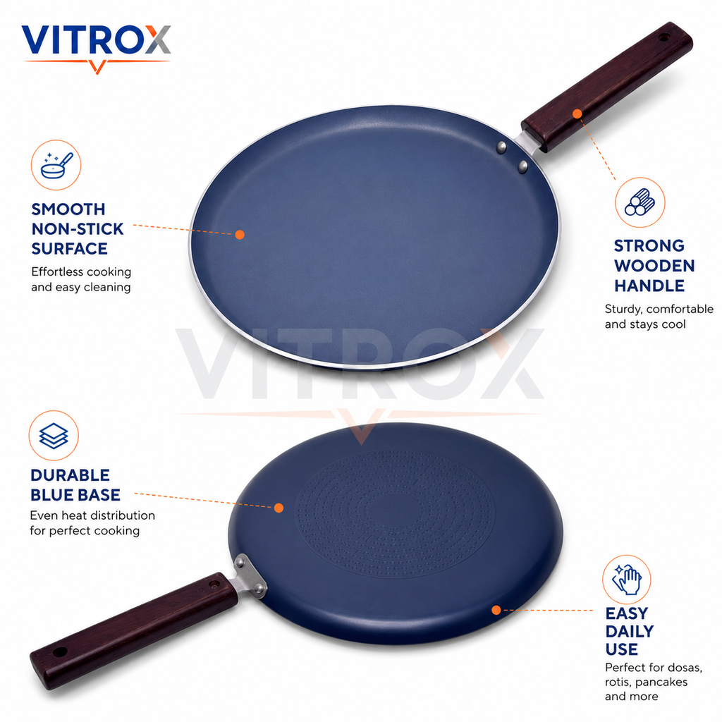 Non-Stick Dosa Tawa with Wooden Handle  – Includes Free Spatula & Scrubber