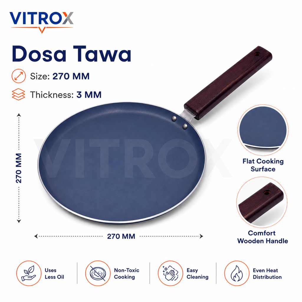 Non-Stick Dosa Tawa with Wooden Handle  – Includes Free Spatula & Scrubber