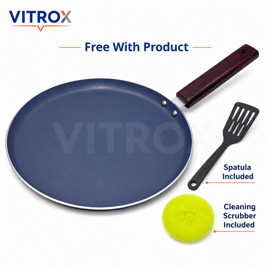 Non-Stick Dosa Tawa with Wooden Handle  – Includes Free Spatula & Scrubber