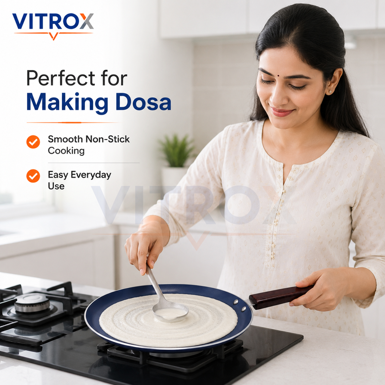 Non-Stick Dosa Tawa with Wooden Handle  – Includes Free Spatula & Scrubber
