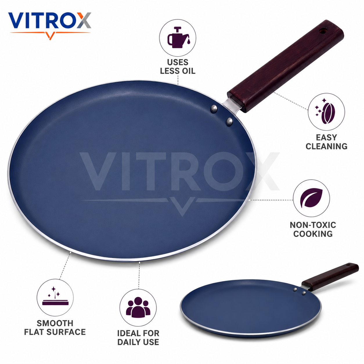 Non-Stick Dosa Tawa with Wooden Handle  – Includes Free Spatula & Scrubber