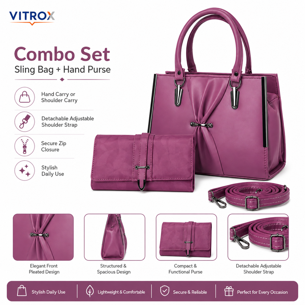 Elegant Mauve Pink Ladies Sling Bag with Matching Hand Purse &amp; Adjustable Shoulder Strap