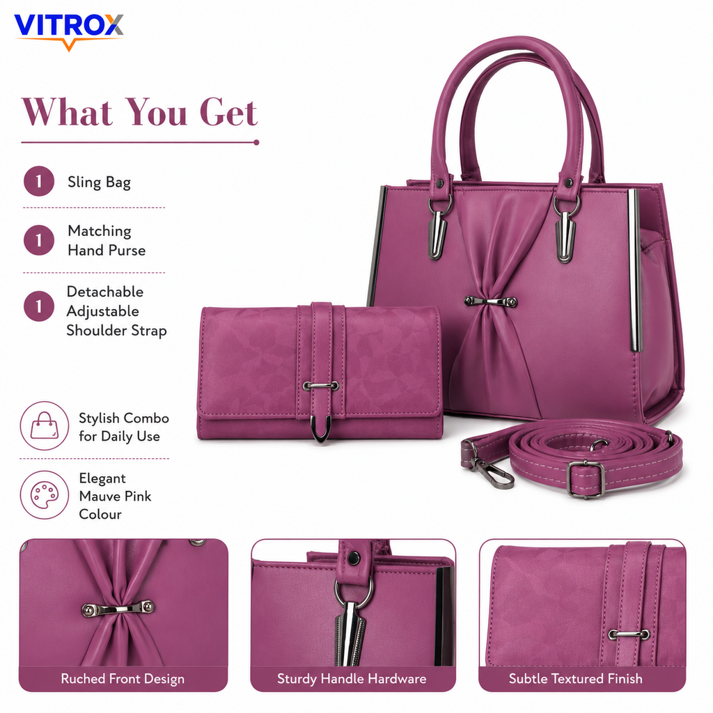 Elegant Mauve Pink Ladies Sling Bag with Matching Hand Purse &amp; Adjustable Shoulder Strap