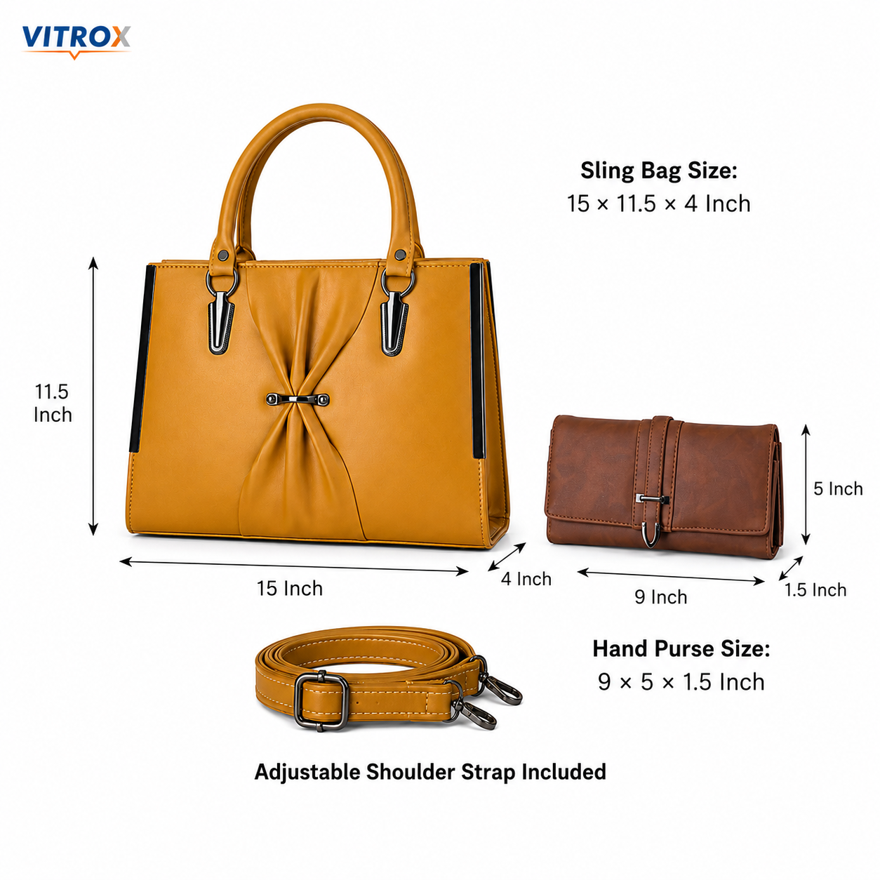 Mustard Yellow Ladies Handbag with Adjustable Shoulder Strap