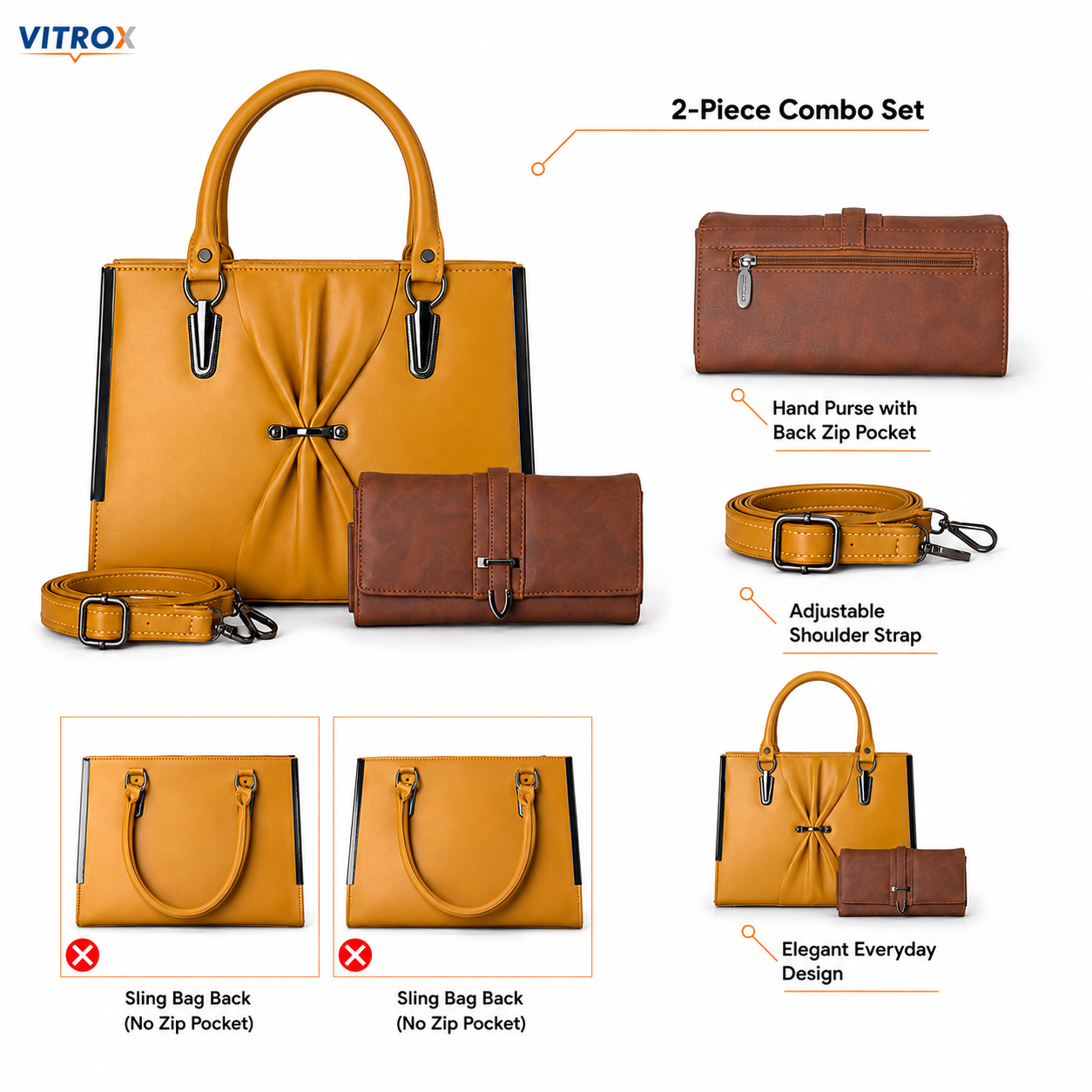 Mustard Yellow Ladies Handbag with Adjustable Shoulder Strap