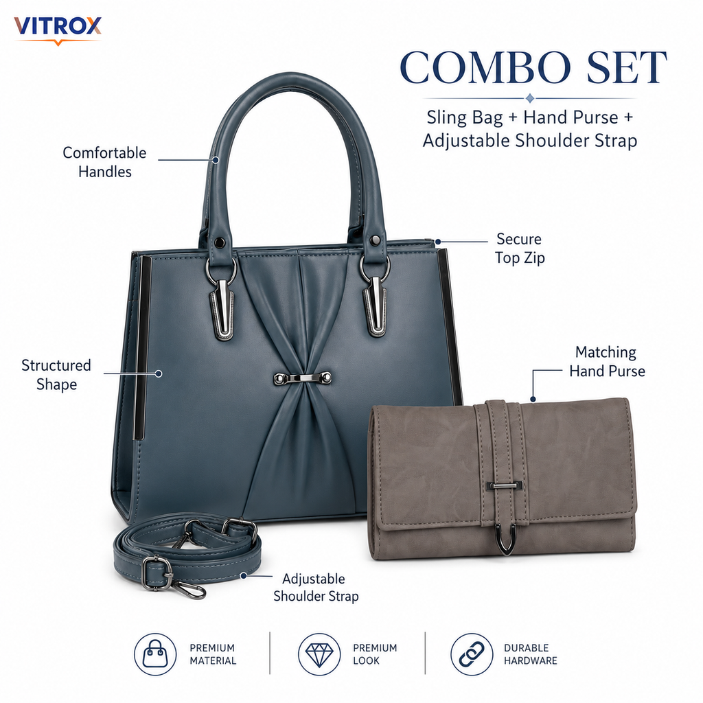 Ladies Handbag Combo Set with Hand Purse and Adjustable Strap