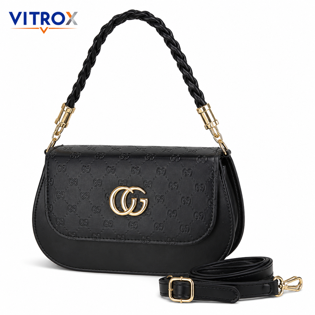 Black Embossed Shoulder Bag with Detachable Hand & Shoulder Strap
