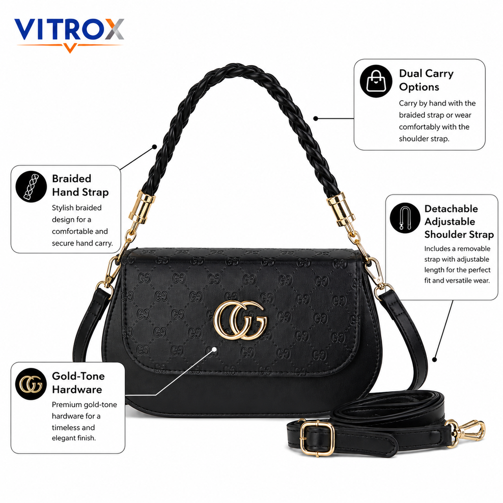 Black Embossed Shoulder Bag with Detachable Hand & Shoulder Strap
