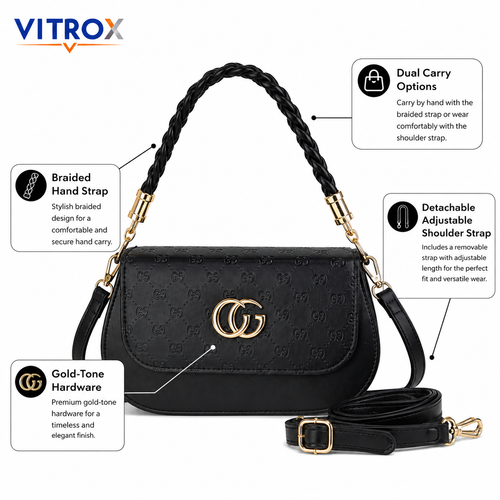 Black Embossed Shoulder Bag with Detachable Hand & Shoulder Strap