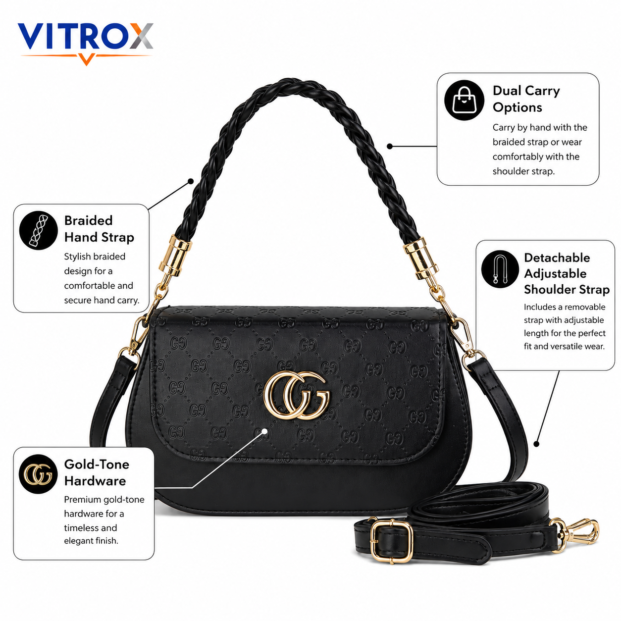 Black Embossed Shoulder Bag with Detachable Hand & Shoulder Strap