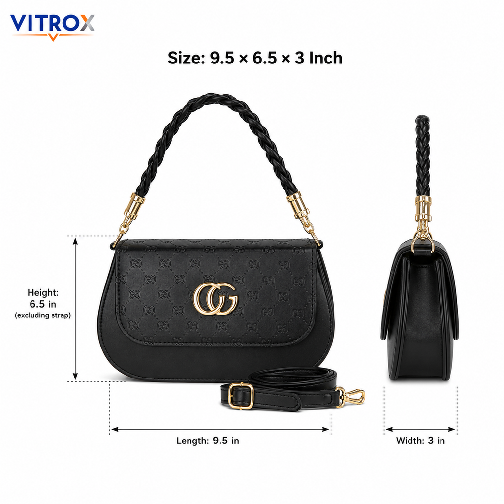 Black Embossed Shoulder Bag with Detachable Hand & Shoulder Strap