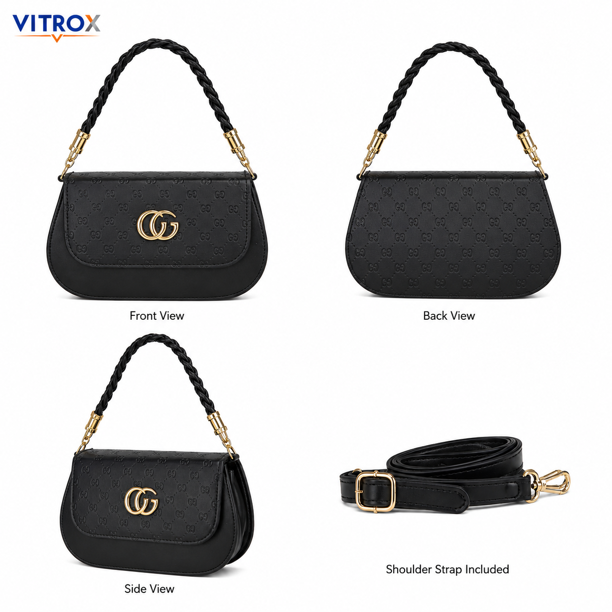 Black Embossed Shoulder Bag with Detachable Hand & Shoulder Strap