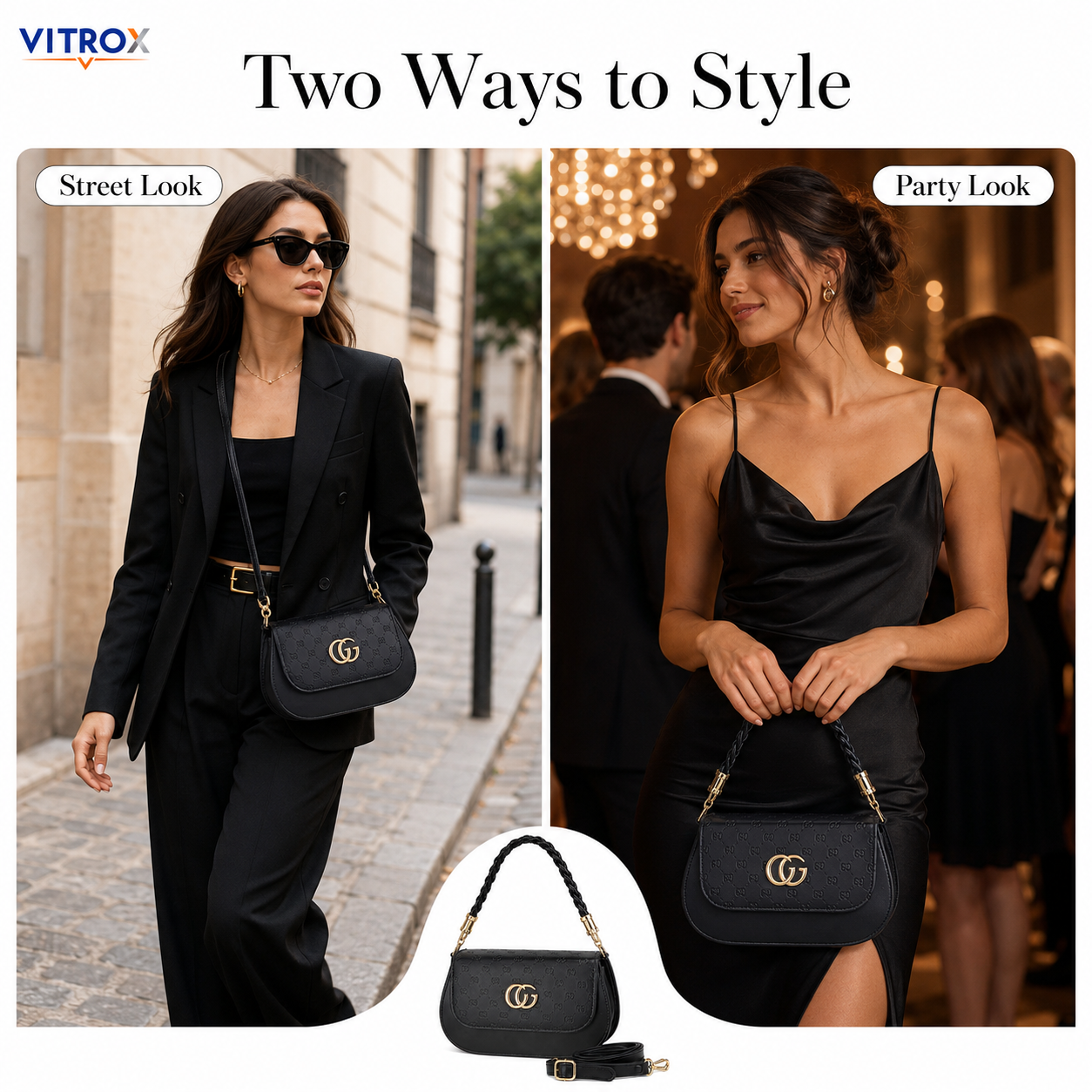 Black Embossed Shoulder Bag with Detachable Hand & Shoulder Strap
