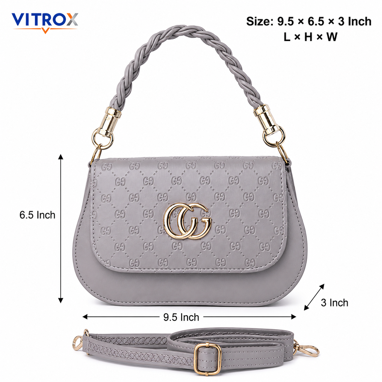Women’s Grey Embossed Sling Bag with Braided Handle & Adjustable Shoulder Strap