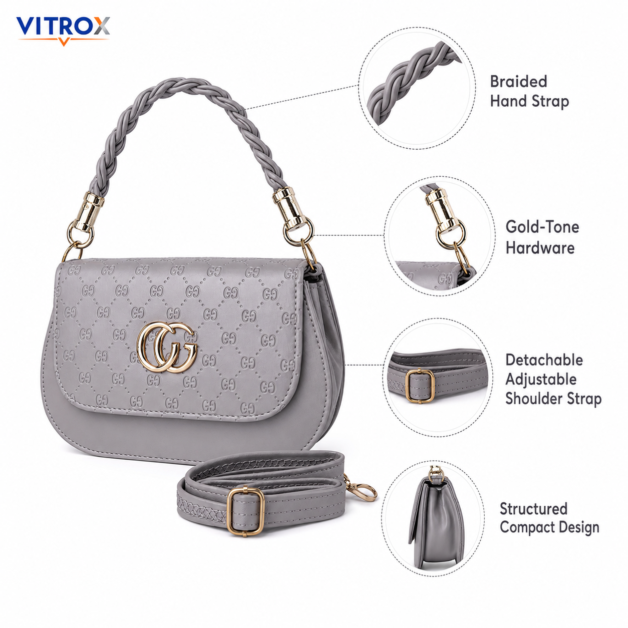 Women’s Grey Embossed Sling Bag with Braided Handle & Adjustable Shoulder Strap
