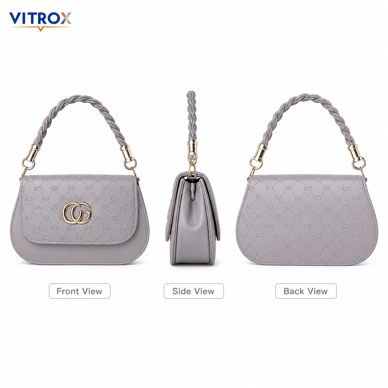 Women’s Grey Embossed Sling Bag with Braided Handle & Adjustable Shoulder Strap
