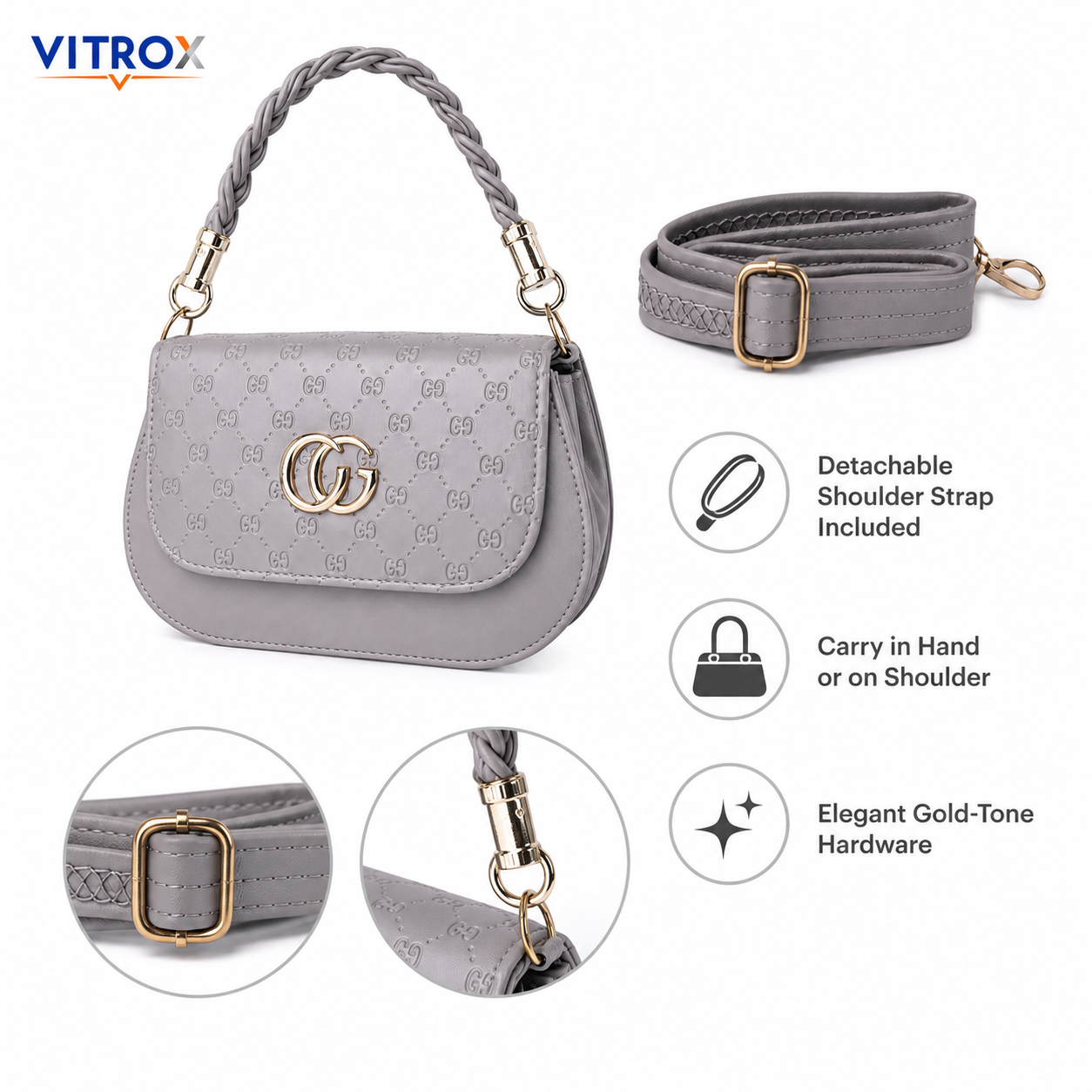 Women’s Grey Embossed Sling Bag with Braided Handle & Adjustable Shoulder Strap