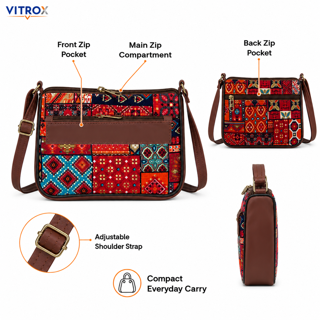 Multicolor Printed Compact Sling Bag with Adjustable Shoulder Strap
