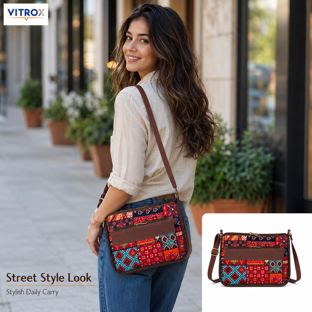 Multicolor Printed Compact Sling Bag with Adjustable Shoulder Strap