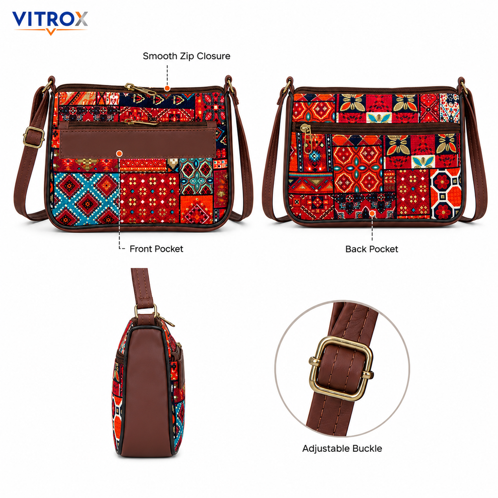 Multicolor Printed Compact Sling Bag with Adjustable Shoulder Strap
