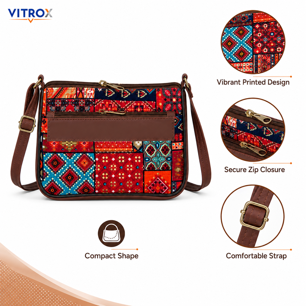 Multicolor Printed Compact Sling Bag with Adjustable Shoulder Strap