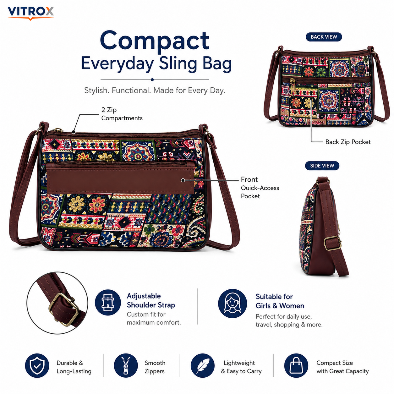 Multicolour Patchwork Sling Bag with Adjustable Shoulder Strap