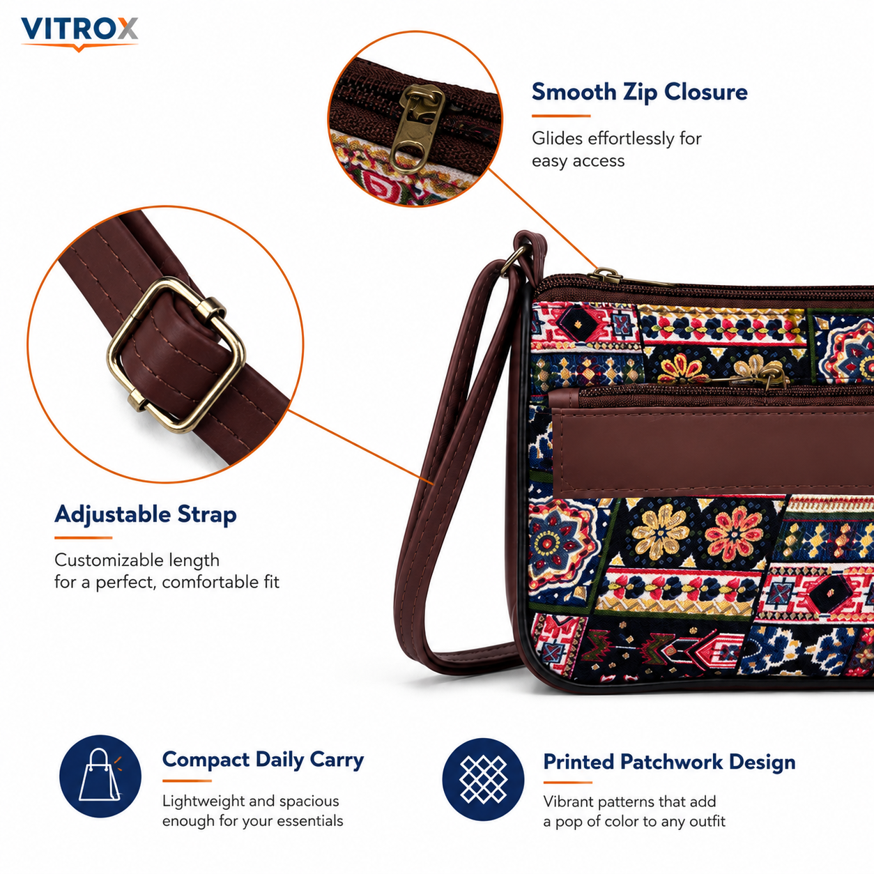 Multicolour Patchwork Sling Bag with Adjustable Shoulder Strap