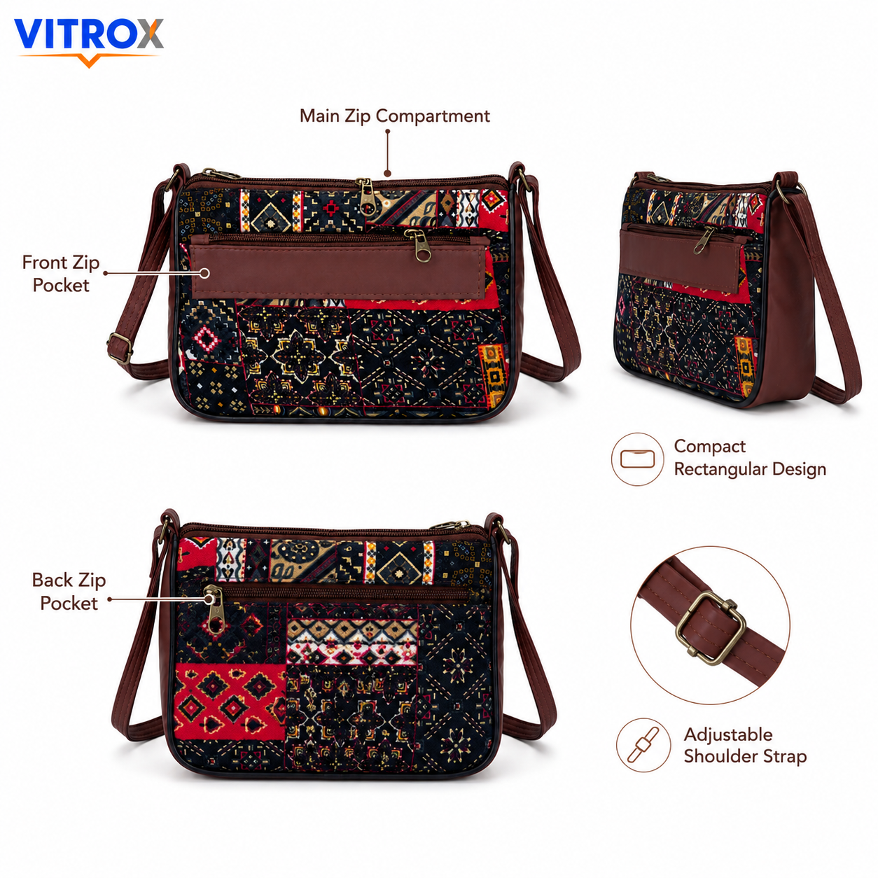 Women’s Multicolor Printed Sling Bag with Adjustable Shoulder Strap